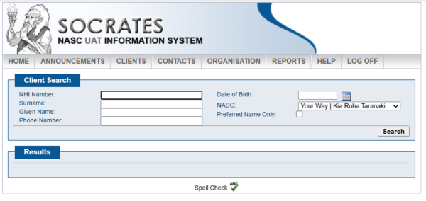 Screenshot from Socrates of Client Search