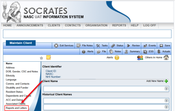 Screenshot from Socrates showing “Reports and Letters” in the sidebar