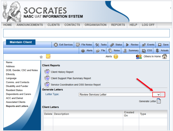Socrates screenshot showing Select Letter Type