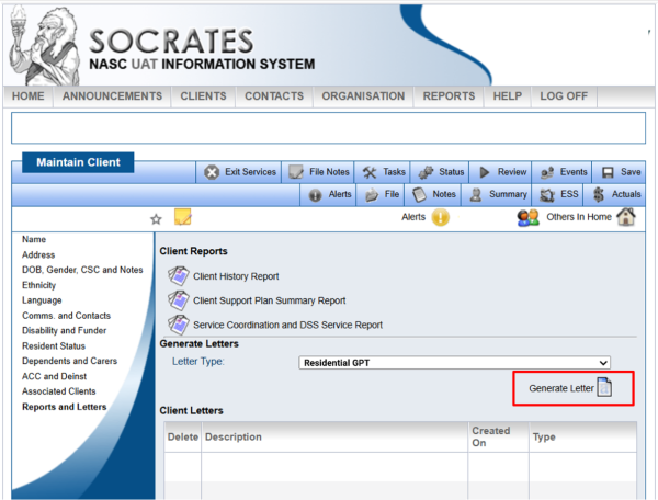 Screenshot showing how to Generate Letter