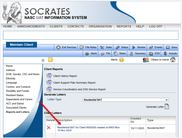 Screenshot of a  generated BAT stored in a client’s profile