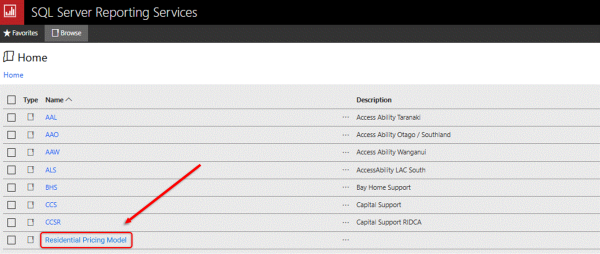 Screenshot showing the Facilities List is available in the Residential Pricing Model on the Reporting Server